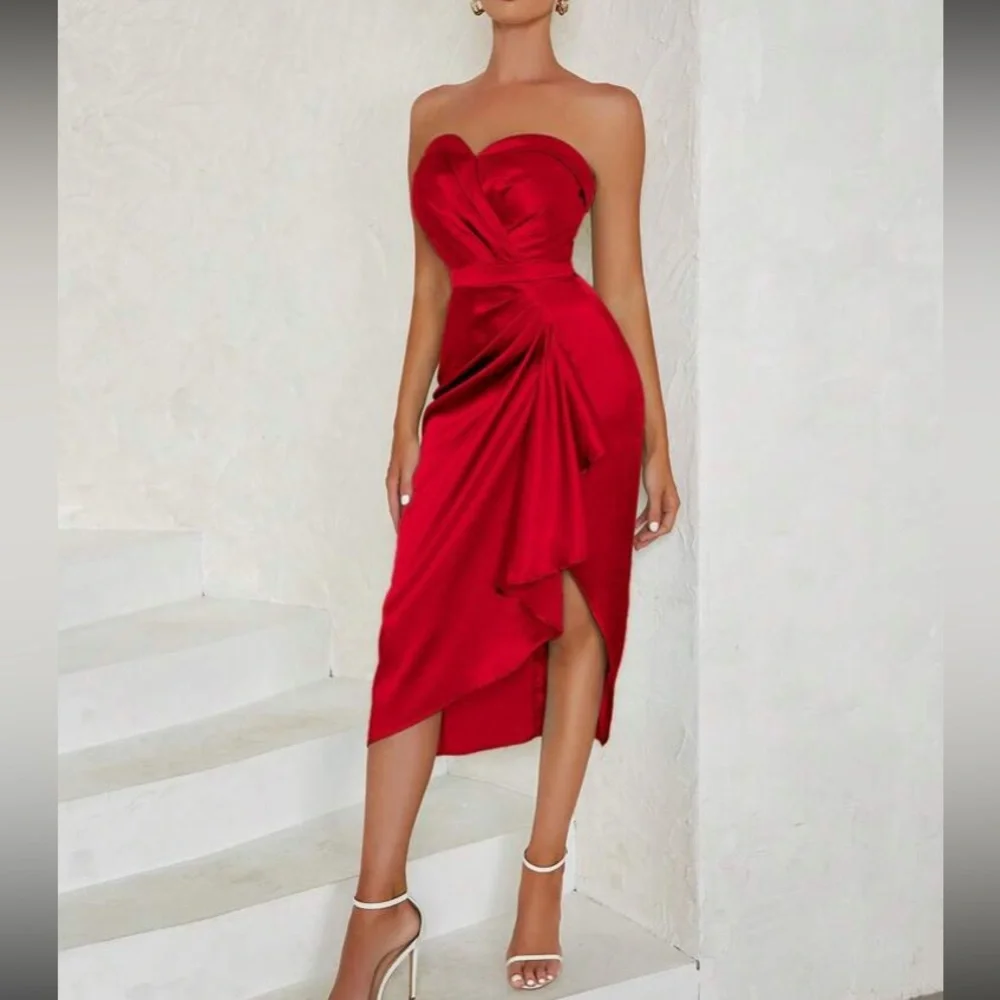 Luxe ruched ruffle party formal tube satin dress - Picture 6 of 7